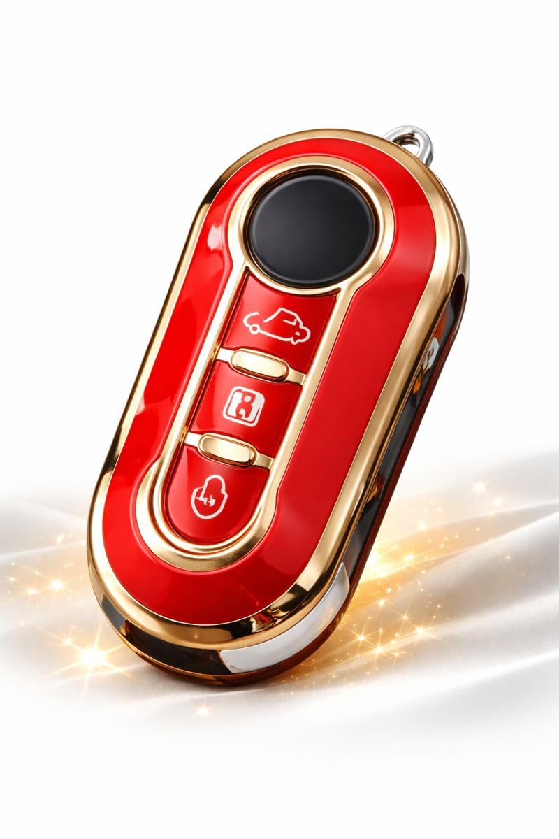 StyleC Remote Flip Key Cover compatible with FIAT 500 Panda Punto Bravo Stilo & Lancia | 3-Button TPU Protective Case (Red Gold)