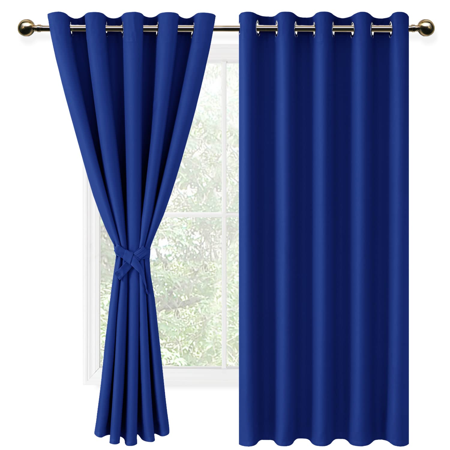 DWCN Blue Blackout Curtains with Tiebacks for Bedroom Thermal Insulated Solid Eyelet Curtains for Living Room,2 Panels,66" Wide x 72" Drop