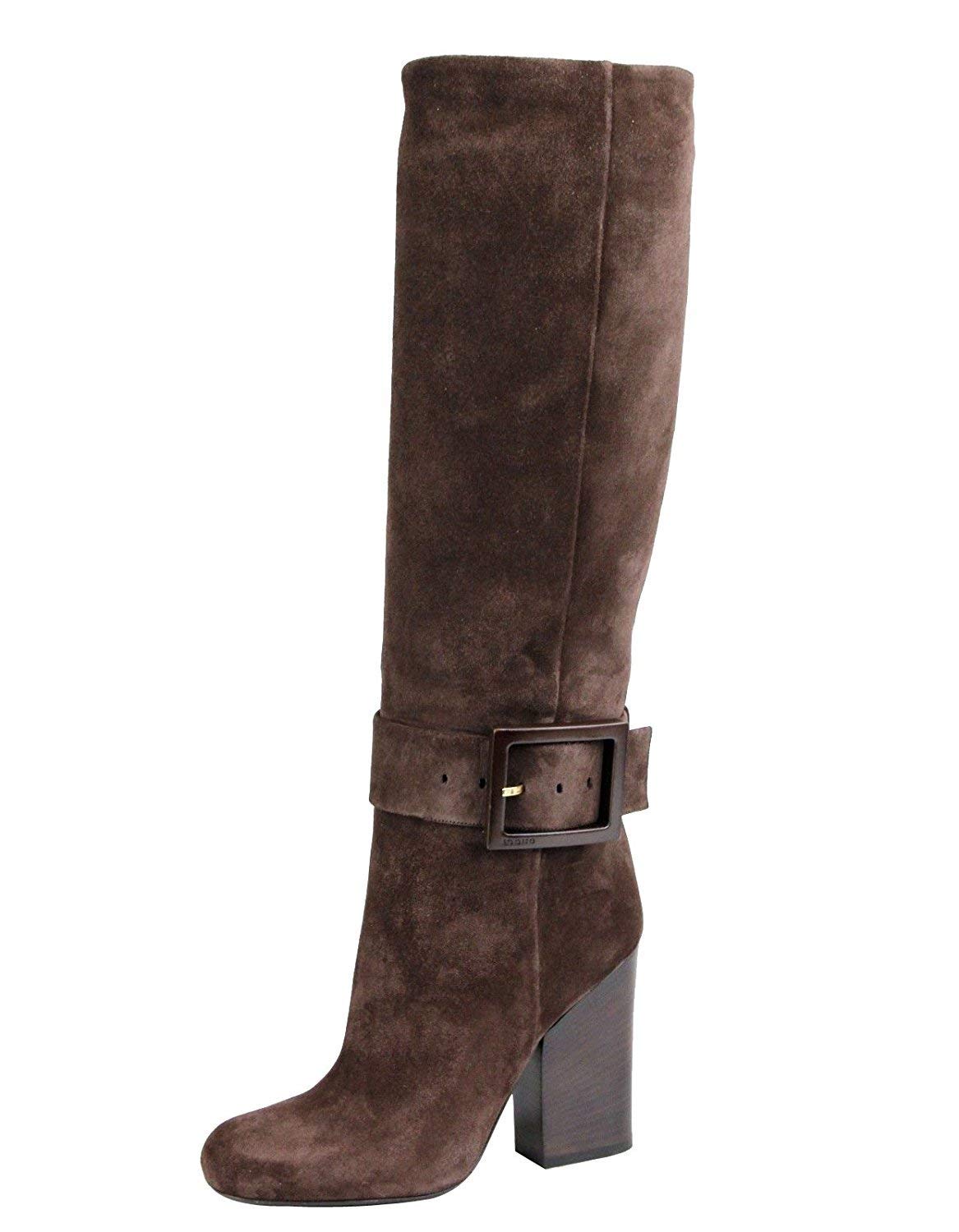 Gucci Dark Brown Suede Buckle Kesha Heel Boots 338692 2140
