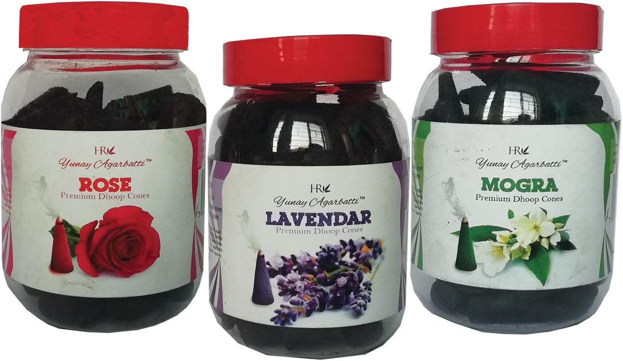 Yunay Agarbatti Lavender, Rose and Mogra Premium Dhoop Cones with Stand