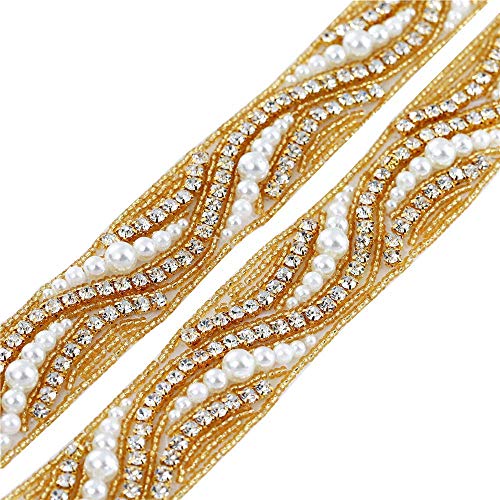 Gold Beaded Bridal Rhinestone Applique Trim 1 Yard with Crystal Pearl for Wedding Dress Sash Prom Party Formal Belts (36x1.2in) - Thumbnail 4