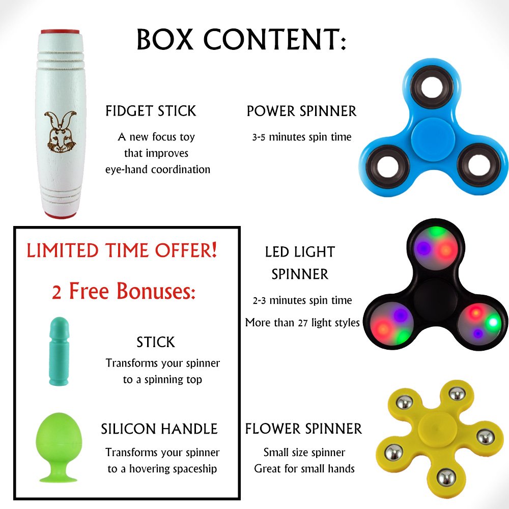 Best Fidget Spinner Set, Including 3 Spinners: LED Fidget Spinner, Blue High Speed Tri Spinner, Flower Spinner for Small Hands and the New Fidget Stick Toy. 2 Free Surprising Bonuses Inside!
