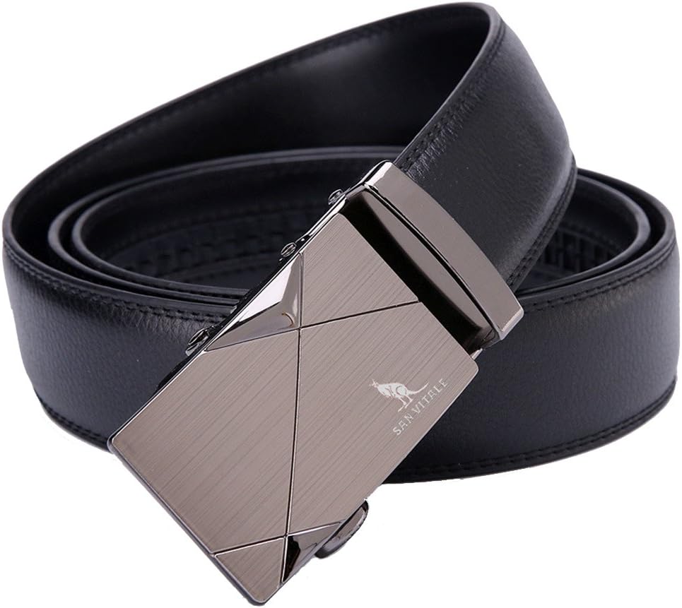 SAN VITALE Men's Solid Buckle with Automatic Ratchet Leather Belt 35mm Wide 1 3/8"