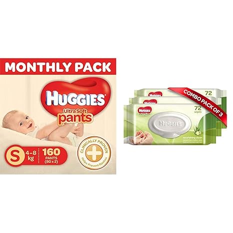 Huggies Ultra Soft Pants Diapers Monthly Pack, Small (160 Count) & Huggies Baby Wipes - Cucumber & Aloe, Pack of 3 (216 Wipes)
