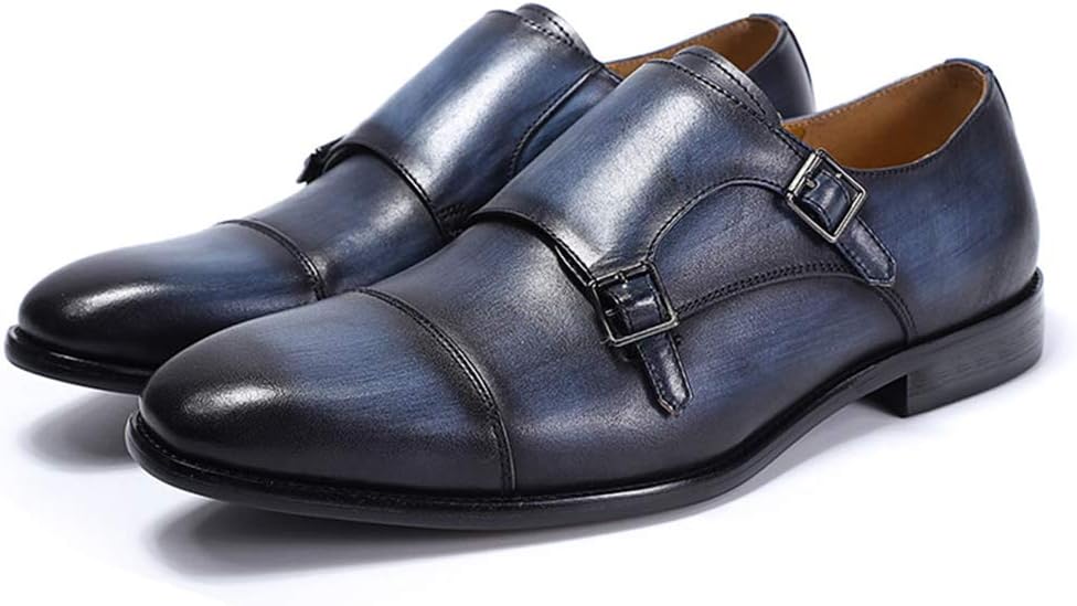 Mens Double Monk Strap Dress Shoes Full Grain Leather Oxford Formal Party Shoes Blue for Men