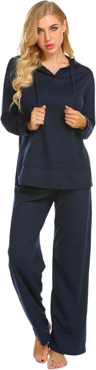 Ekouaer Sleepwear Women Long Sleeve Hooded Sweatshirt Casual Loungewear Wide Leg with Pocket Pajama Set Winter at  Women’s Clothing store