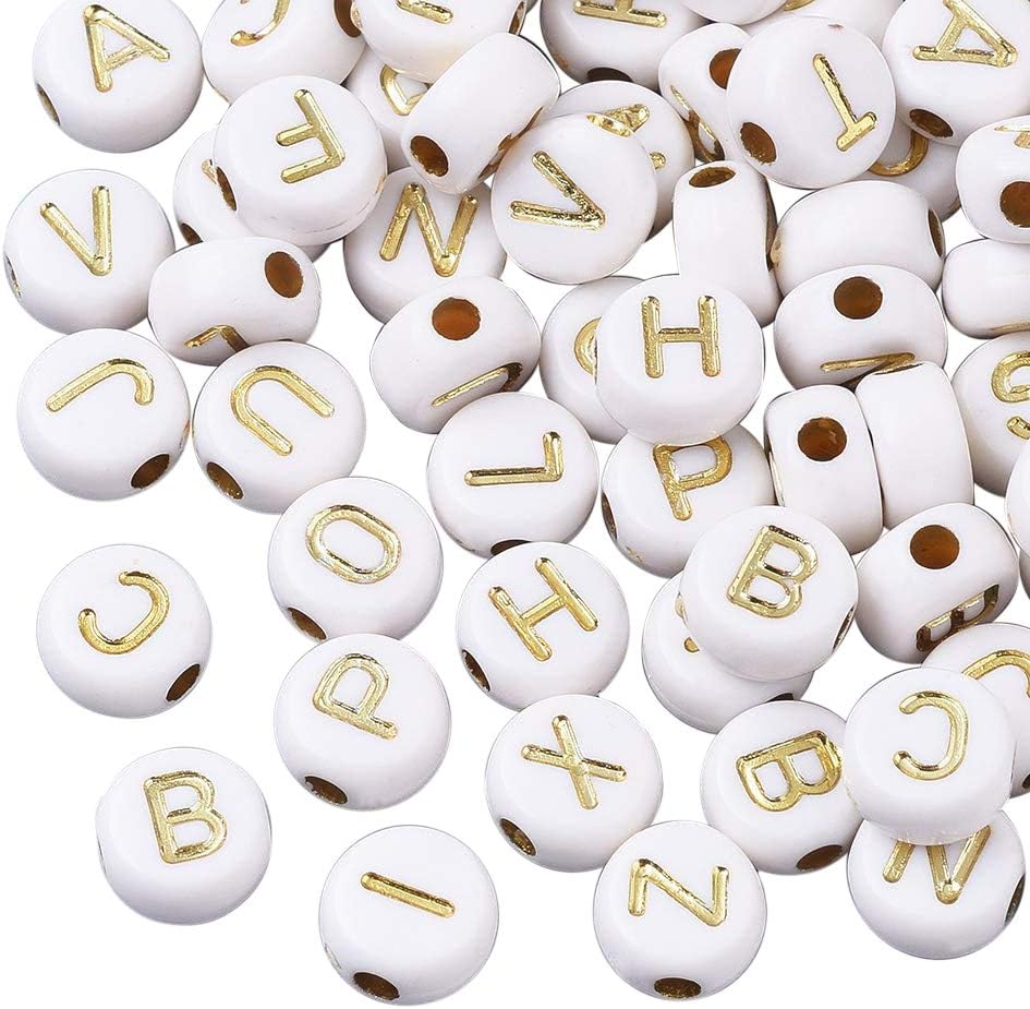 Cheriswelry 1000pcs White Acrylic Alphabet Beads 7mmfor Jewelry Bracelet Making, White, Gold Letter, 7mm, 1000pcs