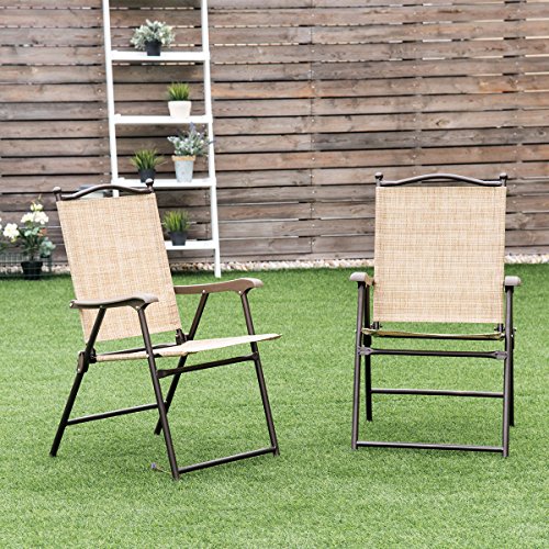 Giantex Patio Folding Chairs Sling Back Chairs Indoor Outdoor Camping Chairs Garden Patio Pool Beach Yard Recliners Lounge Chairs w/Armrest Set of 2 (Yellow) - Thumbnail 2