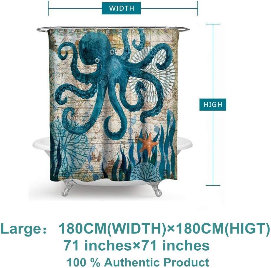 Ruiuzioong Bathroom Shower Curtain Ocean Creature Landscape Fabric Bathroom Curtain Durable Waterproof and Mildew Resistant Bath Curtain Sets with 12 Hooks (Octopus, 71 * 71inch) - Image 3