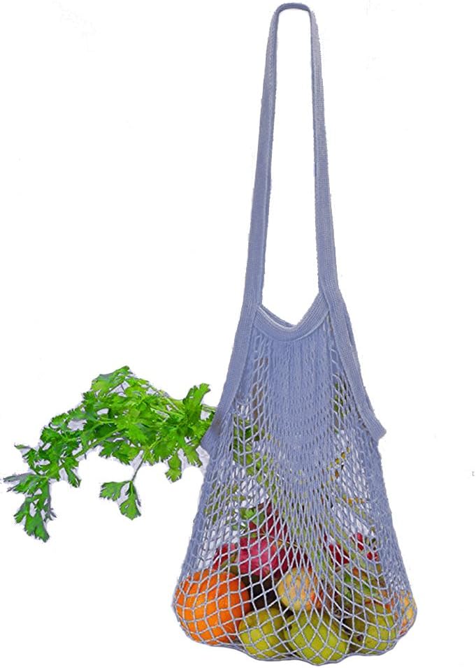 SHUYUE Reusable Grocery Bags Cotton String Bag Mesh Bags 1 pack Long handle (Grey)
