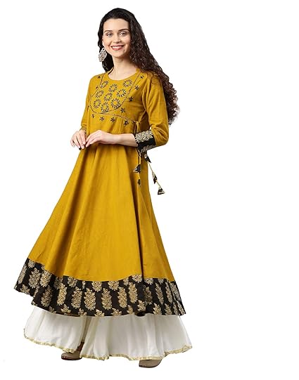 Women's Cotton Slub Embroidered Anarkali Kurta (Green)