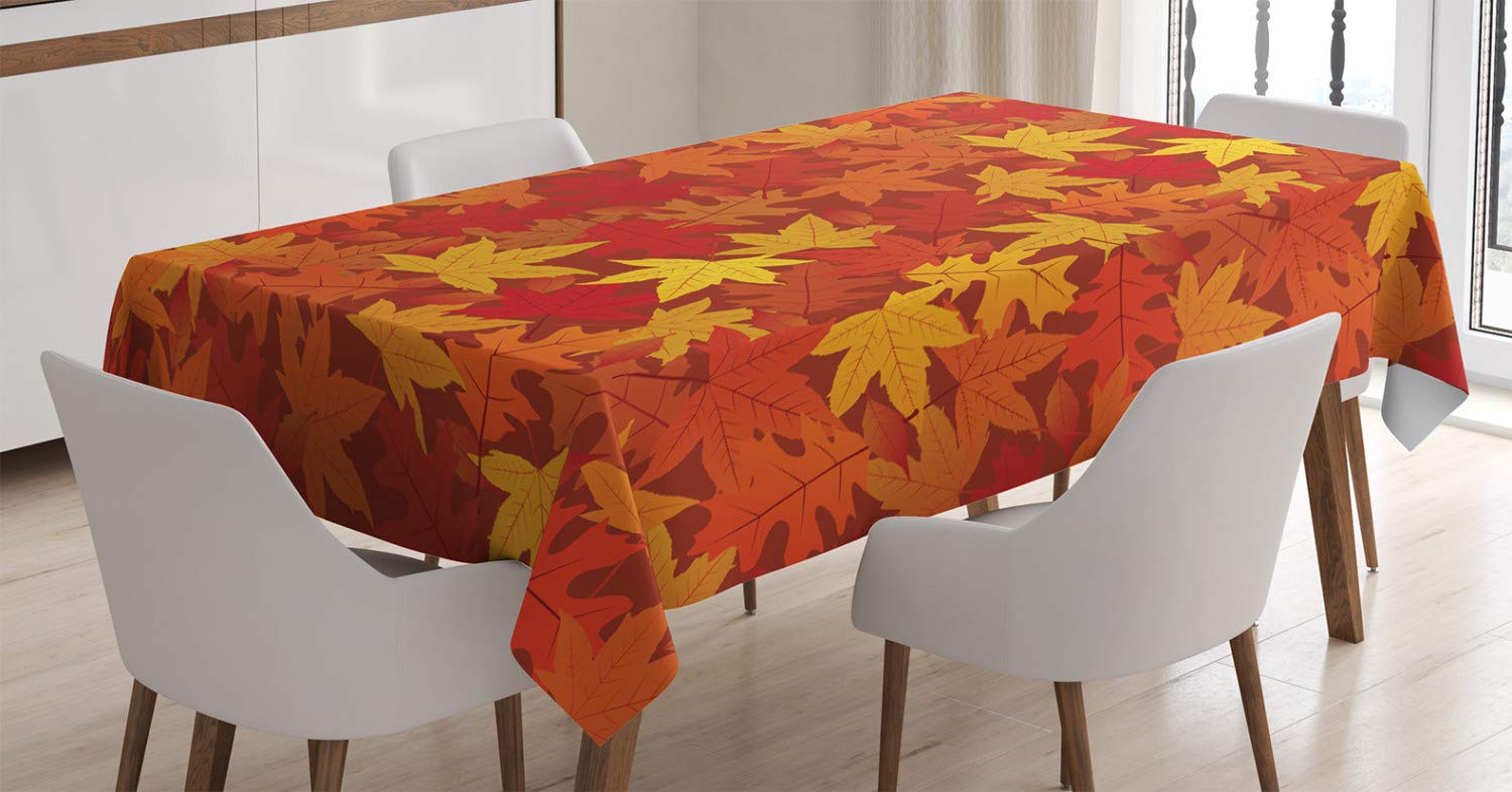 ABAKUHAUS Orange Tablecloth, Colorful Autumn Fall Season Maple Leaves in Unusual Designs Nature Print, Dining Room Kitchen Table Cover, 54" x 78", Dark Orange