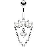 OUFER 316L Surgical Steel Belly Button Rings, Dangling Chains Belly Rings for Women, 14G Navel Piercing Jewelry, Marquise Dangle Curved Barbells Silver Body Piercing Jewelry