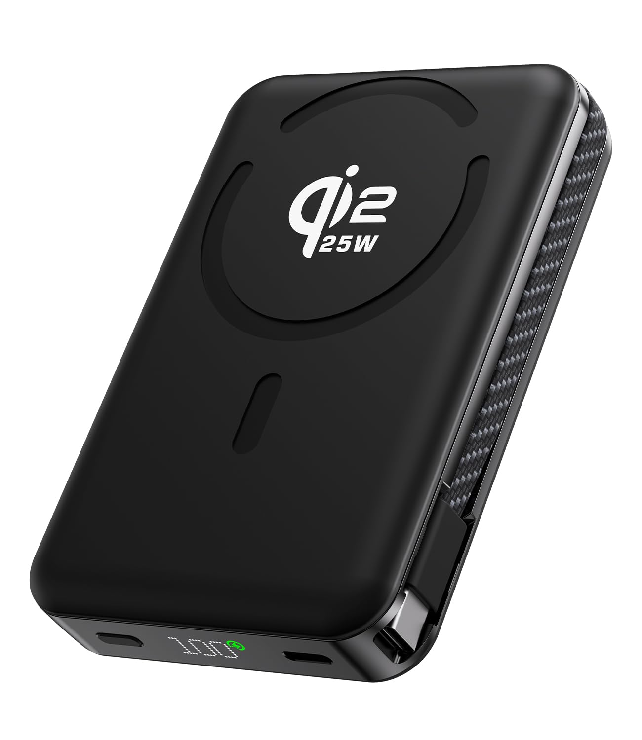 KU XIU Qi2.2 25W Solid-State Magnetic Portable Charger, for Magsafe 10000mAh Battery Pack, Built-in USB-C Cable Fast Charging Stand for iPhone 17/16/15/14/13 Pro Max, Black