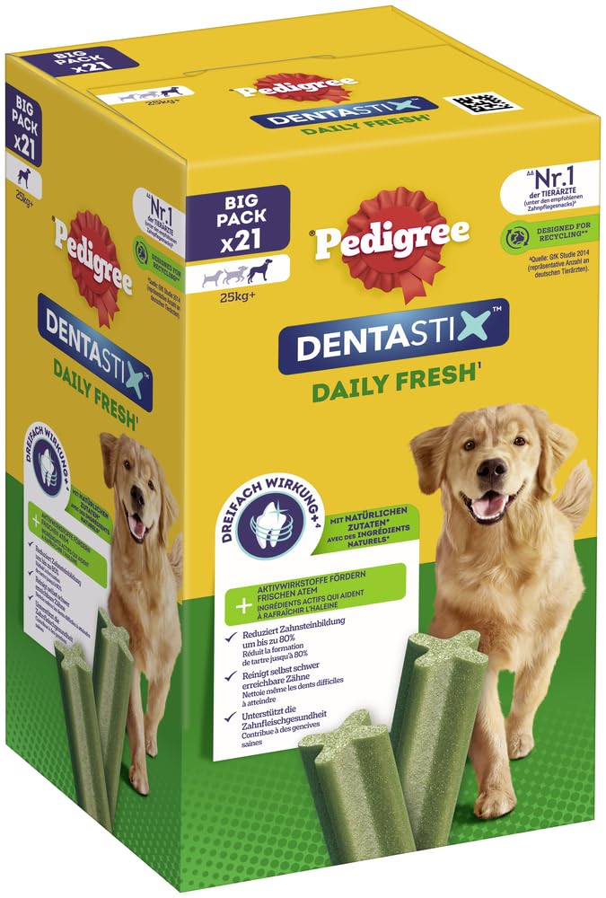Pedigree DentaStix Fresh Hundeleckerli für große Hunde, Kausnack gegen Zahnsteinbildung, Für gesunde Zähne und einen frischen Atem, 4 er Pack, 4 x 28 Stück