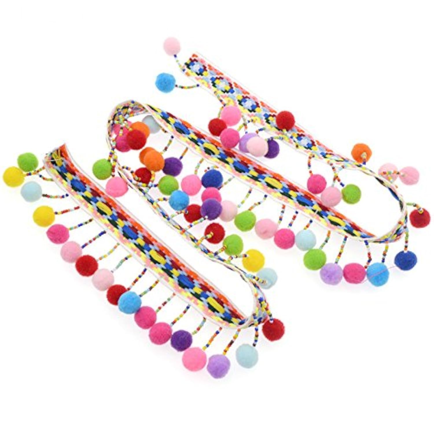 Yalulu 5 Yards Rainbow Pom Pom Ball Lace Tassel Pompom Trim Balls Fringe Ribbon Apparel Fabric Cord DIY Craft Sewing Supplies (Wide)