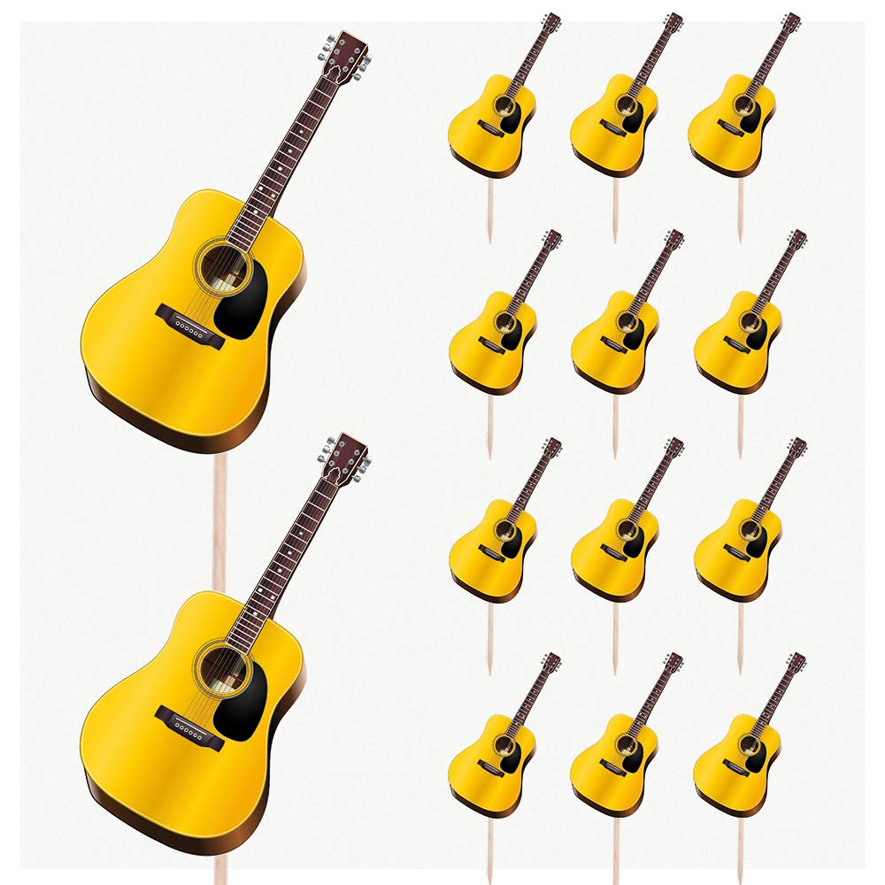 AK Giftshop Acoustic Guitar Musial Instrument Themed Party Food & Cup Cake Picks Sticks Decorations Toppers Food Flags (pack of 14)