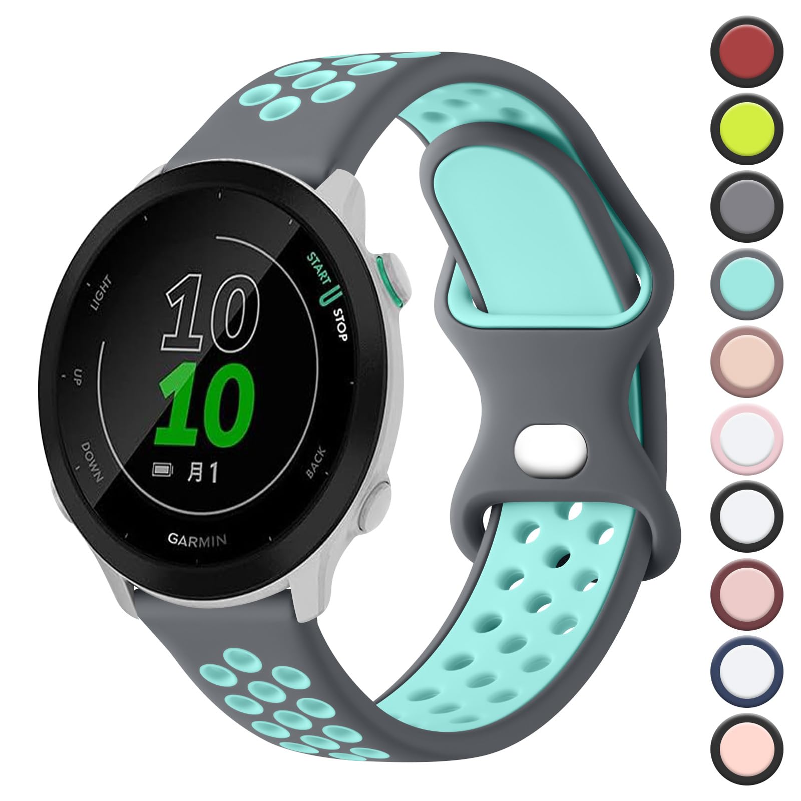 Double Colour Strap for Garmin Forefunner 55/245 /645 Watch Band, 20mm Adjustable Soft Silicone Replacement Strap for Forerunner 55/245/645 Music(Grey/Mint)