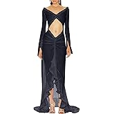 HGps8w Women's Ruffle High Low Mop Dresses Long Sleeve Cut Out Front Flowy Swing Maxi Dress Formal Wedding Party Gown