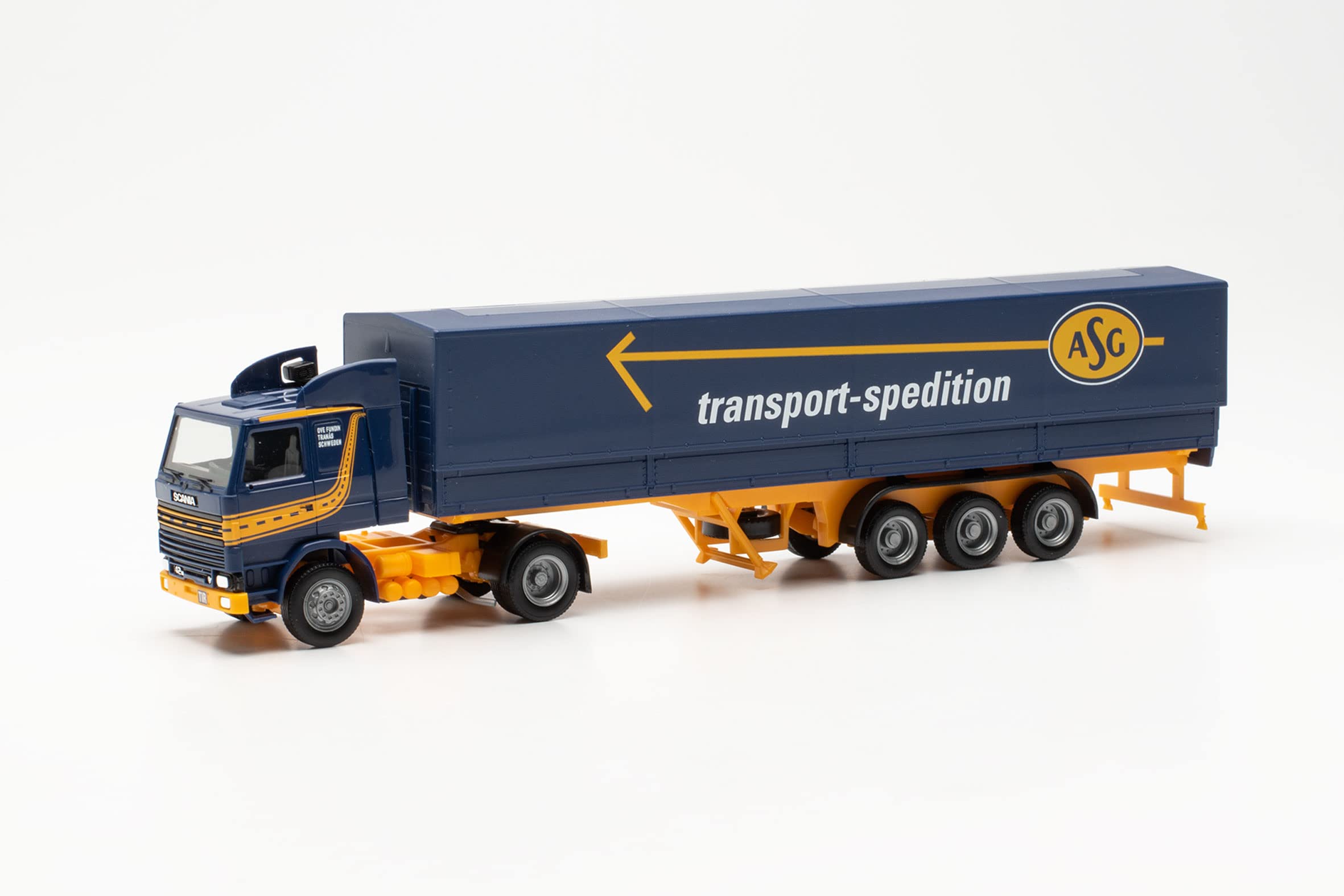 herpa truck model Scania 142 Planen-Tractor-trailer ASG true to its original scale of 1:87, plastic truck model for diorama, model building, decoration, collector's item, Made in Germany