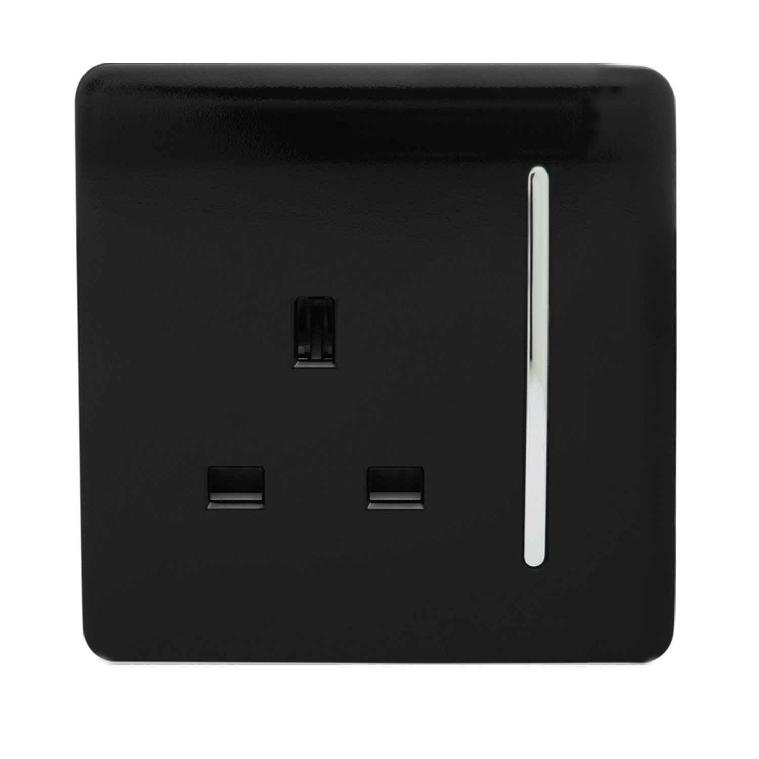 Trendi 1 Gang Raised Artistic Modern Glossy Screwless 13 Amp Single Pole with Chrome Switched UK Standard Electrical Double Wall Plug Socket in Piano Black - ART-SKT13BK