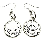 Handmade Dangle Earrings (Peace Sign Hippie Silver Charm)