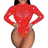 Aucute Women's Sexy Lace Body Suit One Piece Lingerie Rhinestone Fishnet Bodysuit Sparkle Party Rave Outfits