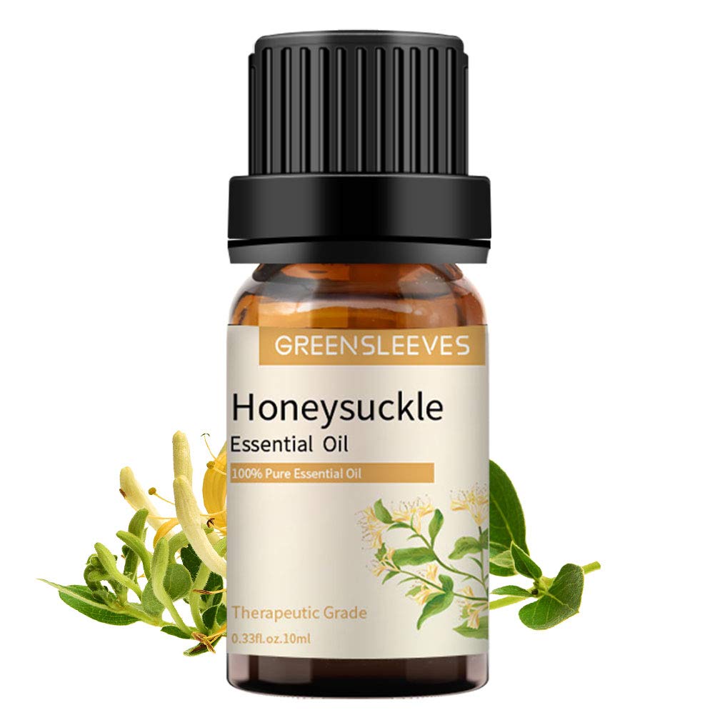 GREENSLEEVES Honeysuckle Essential Oil 10ml, 100% Natural, Perfect for Air Freshener, Body Care, Aromatherapy Massage, Scented Candle, Bath Bombs, Cleaning Formulas, Soap Making, Diffuser etc.