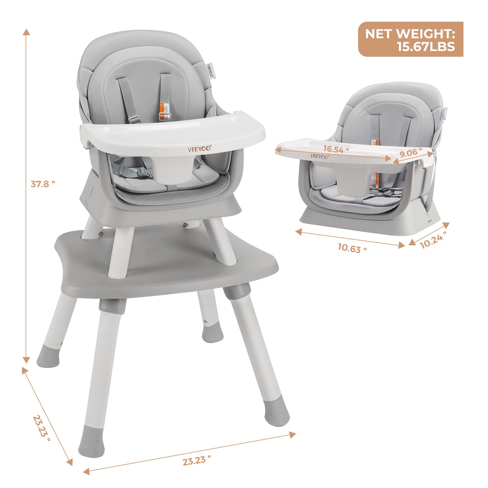 VEEYOO Baby High Chair 6 in 1, Convertible high Chair/Dinning Booster Seat/Toddlers Table & Chair Set with Easy Clearance, Removable Tray, Adjustable Legs, Safety Harness for Girl/boy