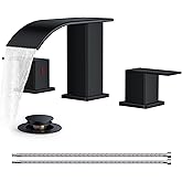 FORIOUS Square Matte Black Bathroom Faucets 3 Hole, Waterfall 8 Inch Widespread Bathroom Sink Faucet with Metal Pop-up Drain and Supply Lines, Two Handles for Vanity, RV, Farmhouse