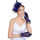 CAIYILA Fascinators Hat Flower Mesh Feathers Headband Derby Hat Clip Tea Party Headwear and Lace Gloves with Bows for Women