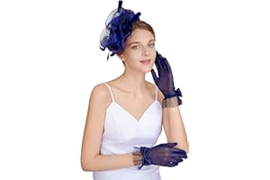 CAIYILA Fascinators Hat Flower Mesh Feathers Headband Derby Hat Clip Tea Party Headwear and Lace Gloves with Bows for Women