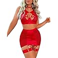 Kaei&Shi Garter Lingerie for Women, Strappy High Waisted Skirt G String 4 Piece Sexy Exotic Lingerie Outfits Set Boudoir