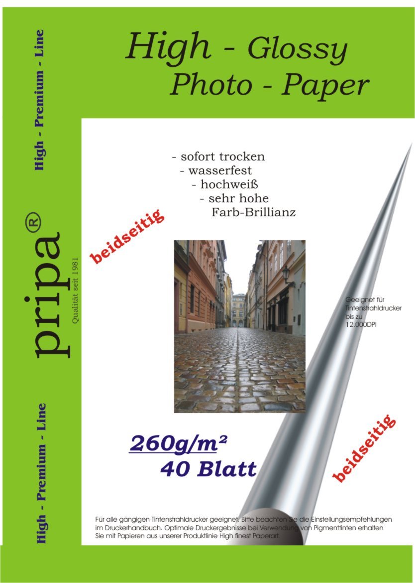 Pripa 40 Sheets of Photo Paper Glossy on Both Sides for Inkjet Printers Immediately Dry Waterproof DIN A4 260 g/m² White