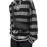 Chvity Womens Harajuku Long Sleeve Oversized T Shirts for Women Casual Crewneck Color Block Stripe Tops