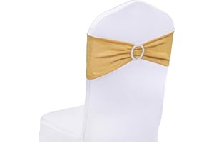SquarePie Pack of 50 Gold Chair Sashes Bows with Buckle Slider Universal Elastic Spandex Bands Ties for Banquet Event Decor