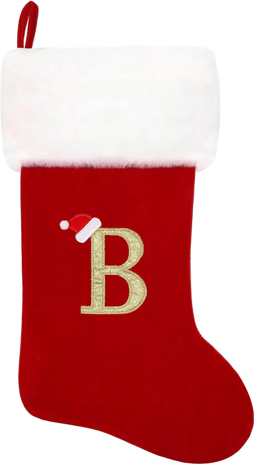 Stockings & Holders - Eoocan 20 Inches Monogram Christmas Stockings Red Velvet with White Super Soft Plush Cuff Embroidered Xmas Stockings Classic Personalized Stocking Decorations for Family Holiday Season Decor(Letter B)