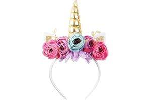 Nishine Girls Glitter Unicorn Horn Headband Camellia Pony Head Band Flower Hair Band Tiara for Party Birthday Gift