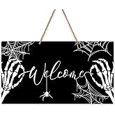 Bolisom Welcome Halloween Gothic Skeleton Hands Front Door Sign | Spooky Skull Spider Web Wood Hanger Outdoor Outside Porch Home Decor, Funny Wooden Wreath Indoor Wall Hanging Decoration