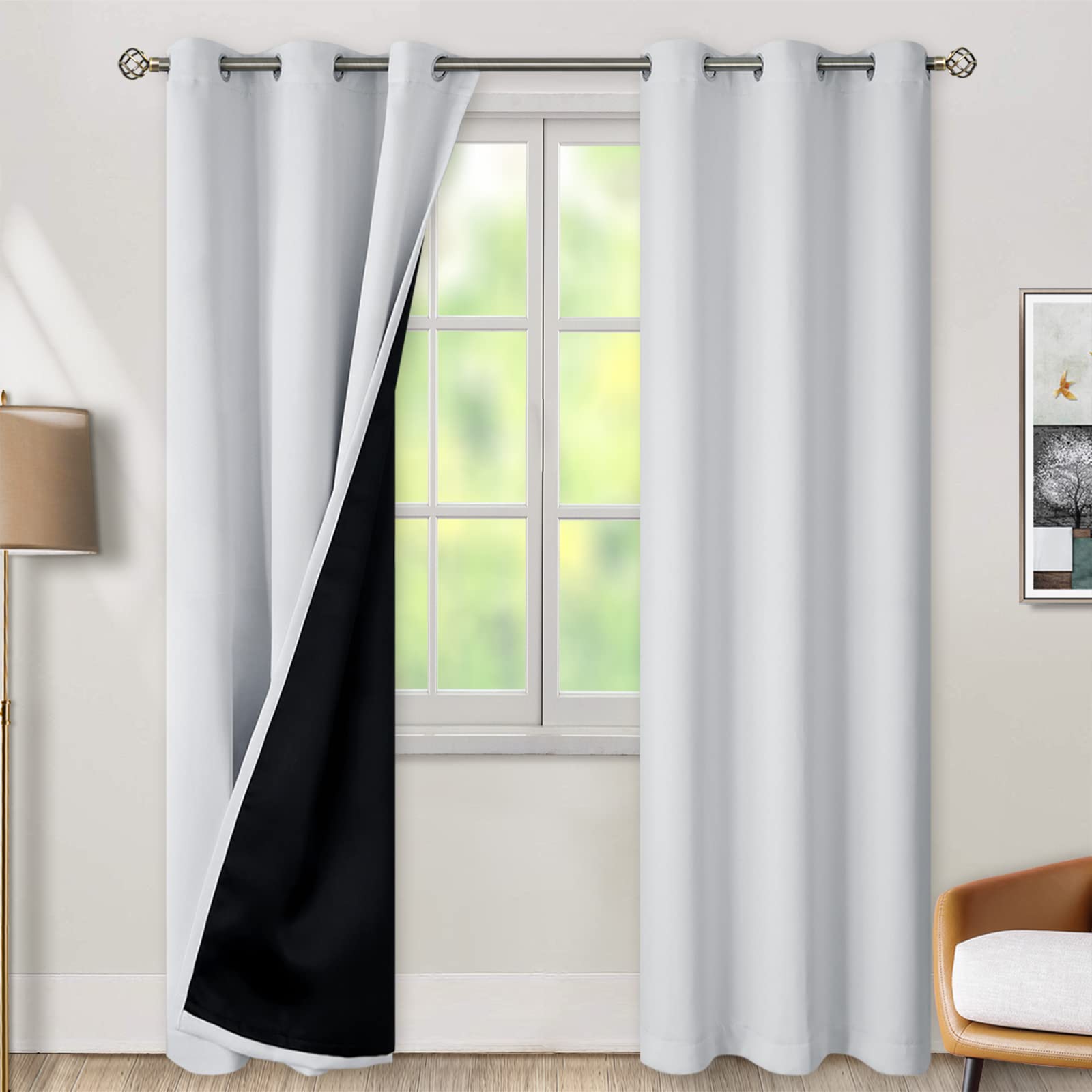 BGment Thermal Insulated 100% Blackout Curtains for Bedroom with Black Liner, Double Layer Full Room Darkening Noise Reducing Grommet Curtain (42 x 84 Inch, Greyish White, 2 Panels)