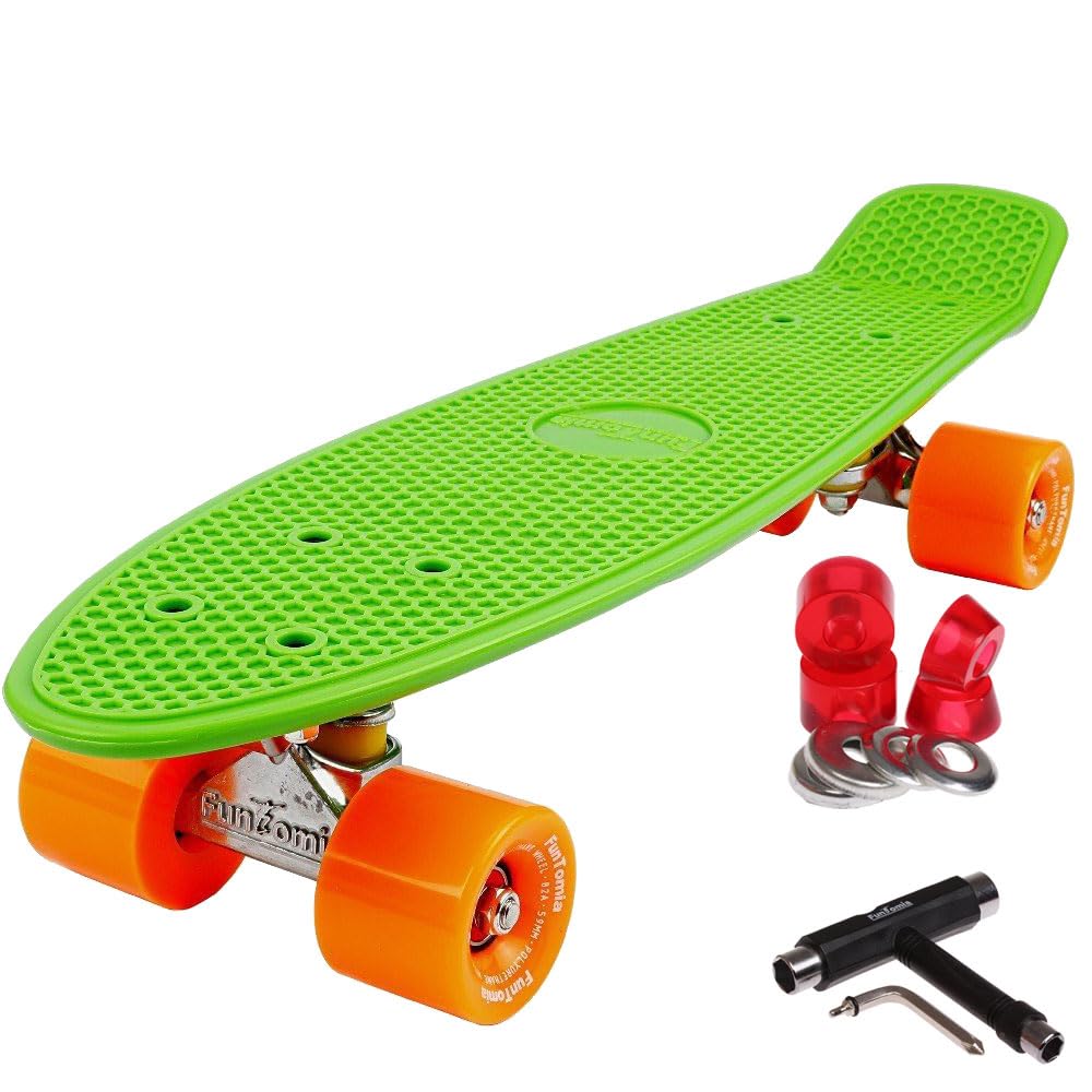 FunTomia Mini-Board Skateboard Retro Cruiser 22,5 INCH (57cm) with MACH1® ABEC-11 High Speed bearings/Wheels 59x45mm 82A - with or without LED Wheels (green deck/orange wheels + T-Tool)