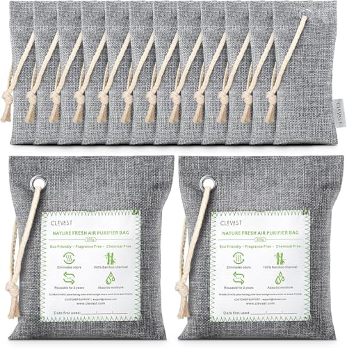CLEVAST 14 Pack Activated Bamboo Charcoal Air Purifying Bags(2x200g, 12x50g), Natural Fresh Odor Absorber, Deodorizer and Moisture Eliminator, Air Purifier Bags for Home