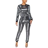 EOSIEDUR Womens 2 Piece Outfits & Sexy Silver Glitter Sequins & Metallic Shiny Top and Pants Set