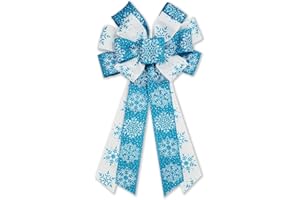 ABTOLS Large Christmas Bow for Wreath, Blue White Christmas Wreath Bows for Front Door, Buffalo Decorative Bow Winter Snowflake Wreath Bows Banister Christmas Bows for Indoor Outdoor Party Xmas Decorations