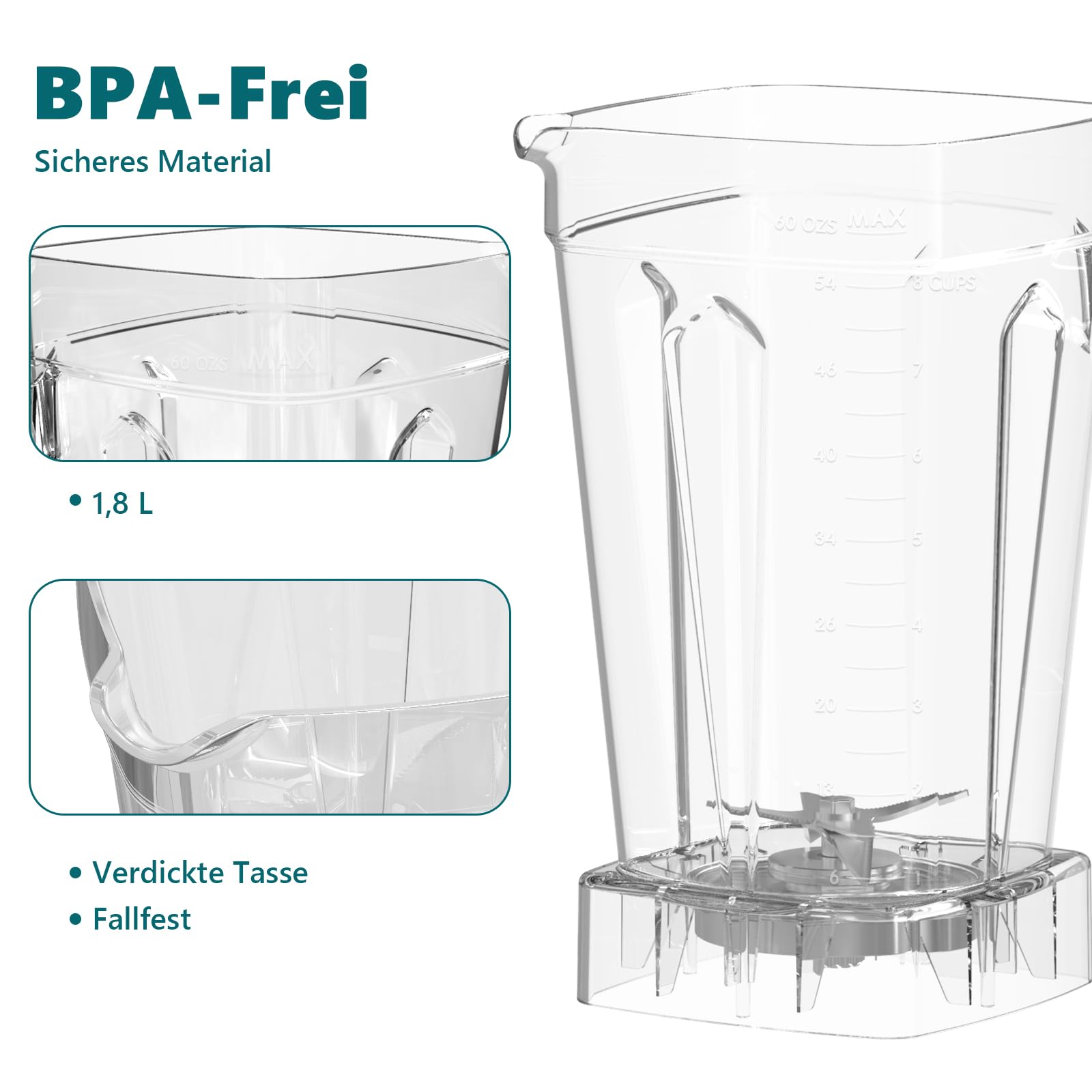 OMMO 1.8L Standmixer Hochleistungsmixer, Mixer Smoothie Maker, 300ml To-Go Becher, 6-Fach Metallmesser, Pulsfunktion, MAX 1800W, Becher BPA Frei, Ice Crusher, Protein Shake Mixer 5