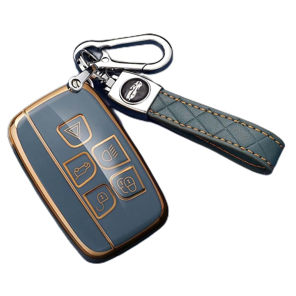HIBEYO Smart Car Key Case Fits Land Rover Protective Case Key Cover TPU for Jaguar XF XJ XJL Range Rover Sport Discovery 4 Evoque Key Chain Key Box 5 Buttons (A Grey Blue)