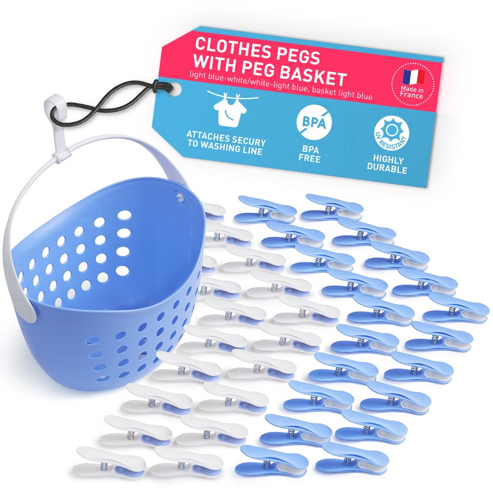 culiclean Clothes Pegs for Washing Line – Clothes Peg and Bag Set with Peg Basket for Washing Line – Washing Peg and Basket with Hanger – 40 Pegs, 1 Holder – light blue-white/light blue