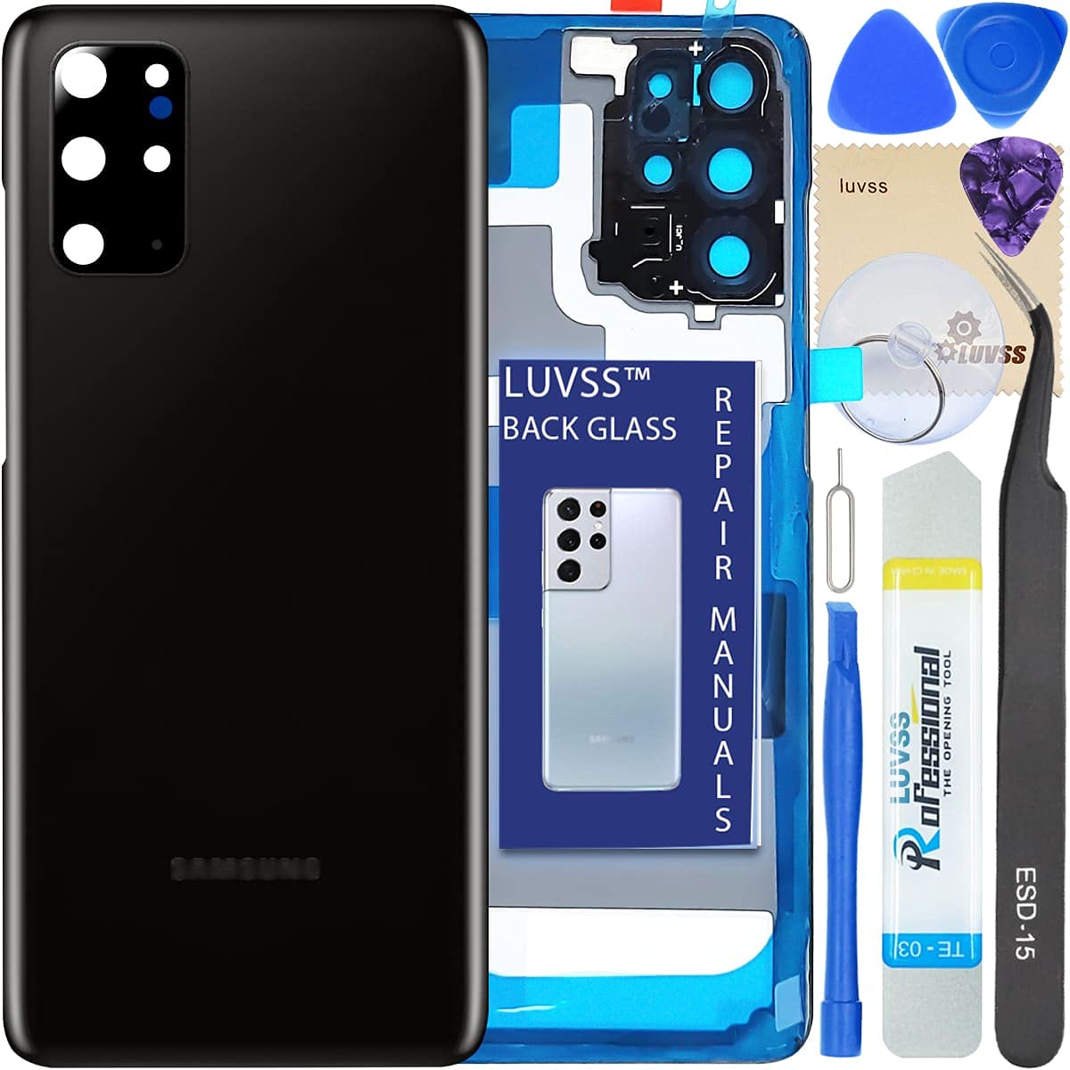 LUVSS for Samsung Galaxy S20+ Plus Back Glass Cover Replacement + Camera Lens + Repair Manual DIY Tools Kit SM-G986B G865B -Cosmic Black