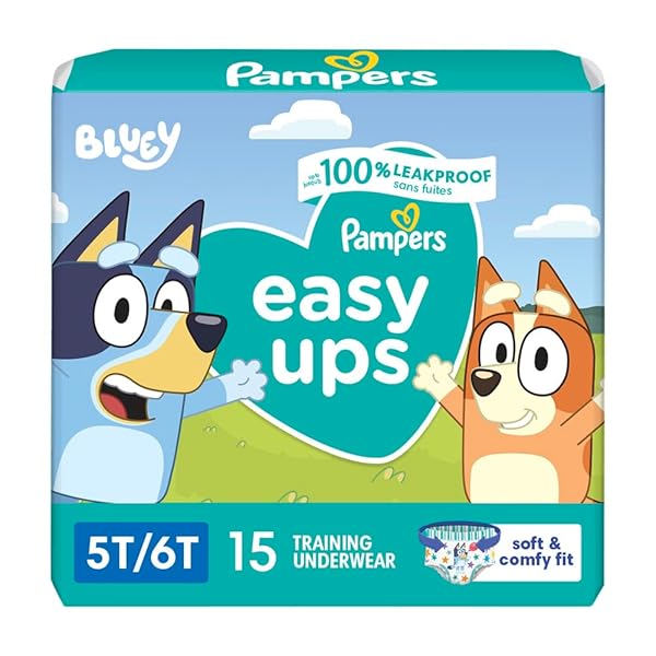 PAMPERS TRAINING PANTS – EASY UPS BOYS & GIRLS BLUEY – SIZE 5T-6T, 15 COUNT, CHILDREN’S POTTY UNDERWEAR (PACKAGING MAY VARY)