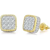 QUSIIOSLK 18K Gold Plated Square Earrings 925 Sterling Silver Screw Back Stud for Men Iced Out Cubic Zirconia Hip Hop Rock Full Diamond Earrings Jewelry Gifts Hypoallergenic